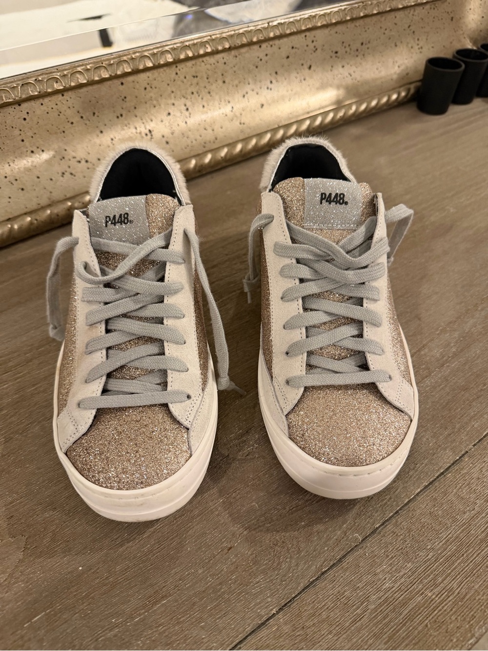 P448 Women’s Glitter Low-Top Sneakers in Champagne and Light Gray